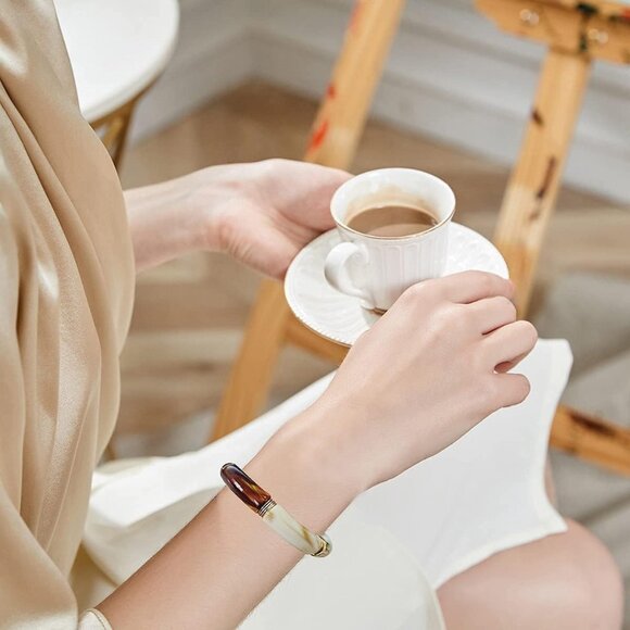 Simple Beaded Gold Plated Bangles Bracelet Chunky Bamboo Tube Curved Stacking Cl - Picture 5 of 9